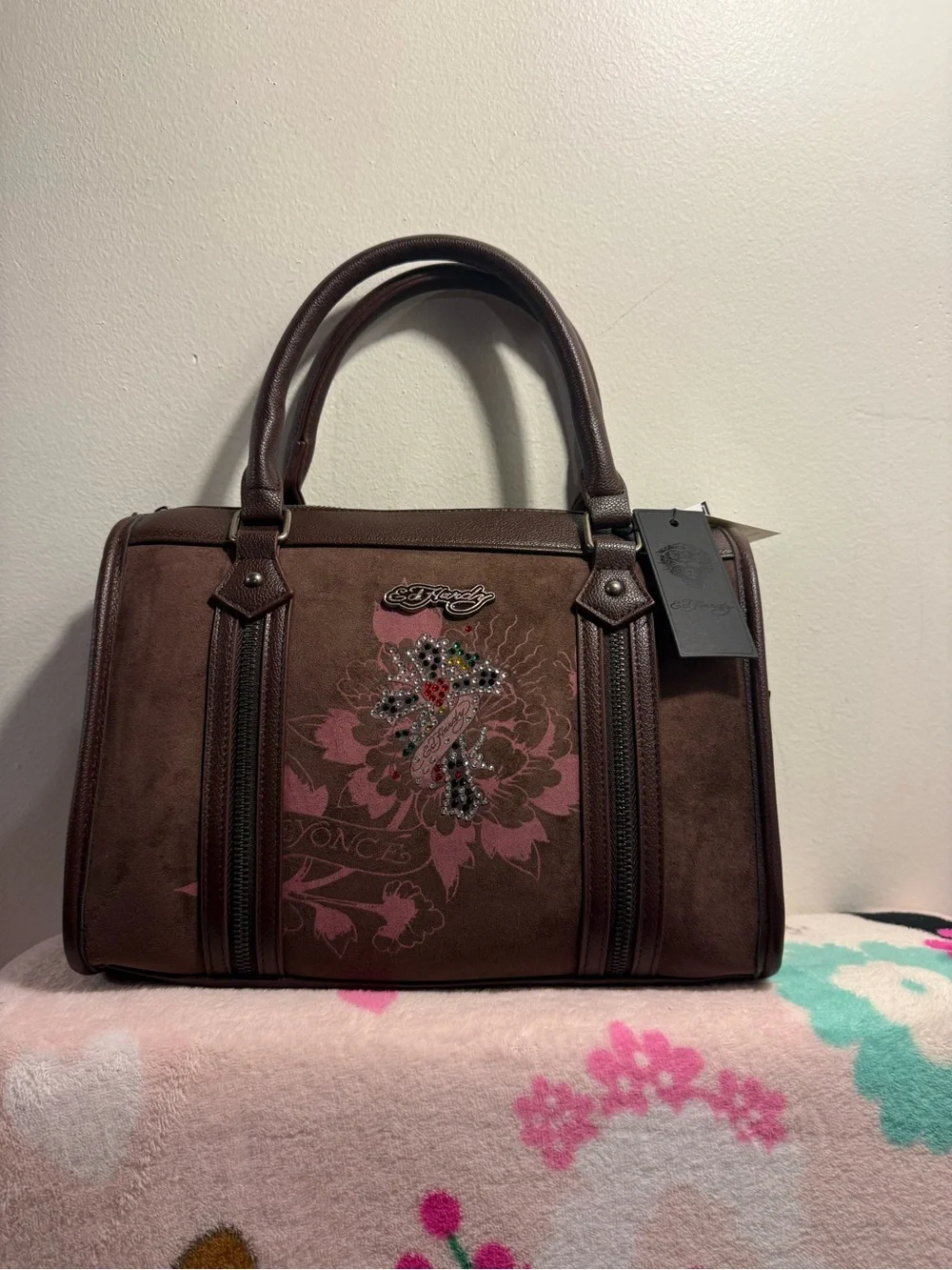 Ed Hardy Brown Satchel Purse with gothic charm and cross NWT